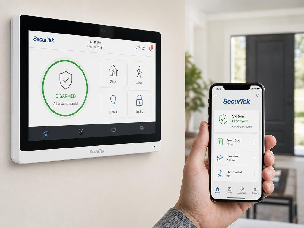 Qolsys IQ Panel 5 touchscreen security panel and the SecurTek-branded Alarm.com mobile app controlling a connected home